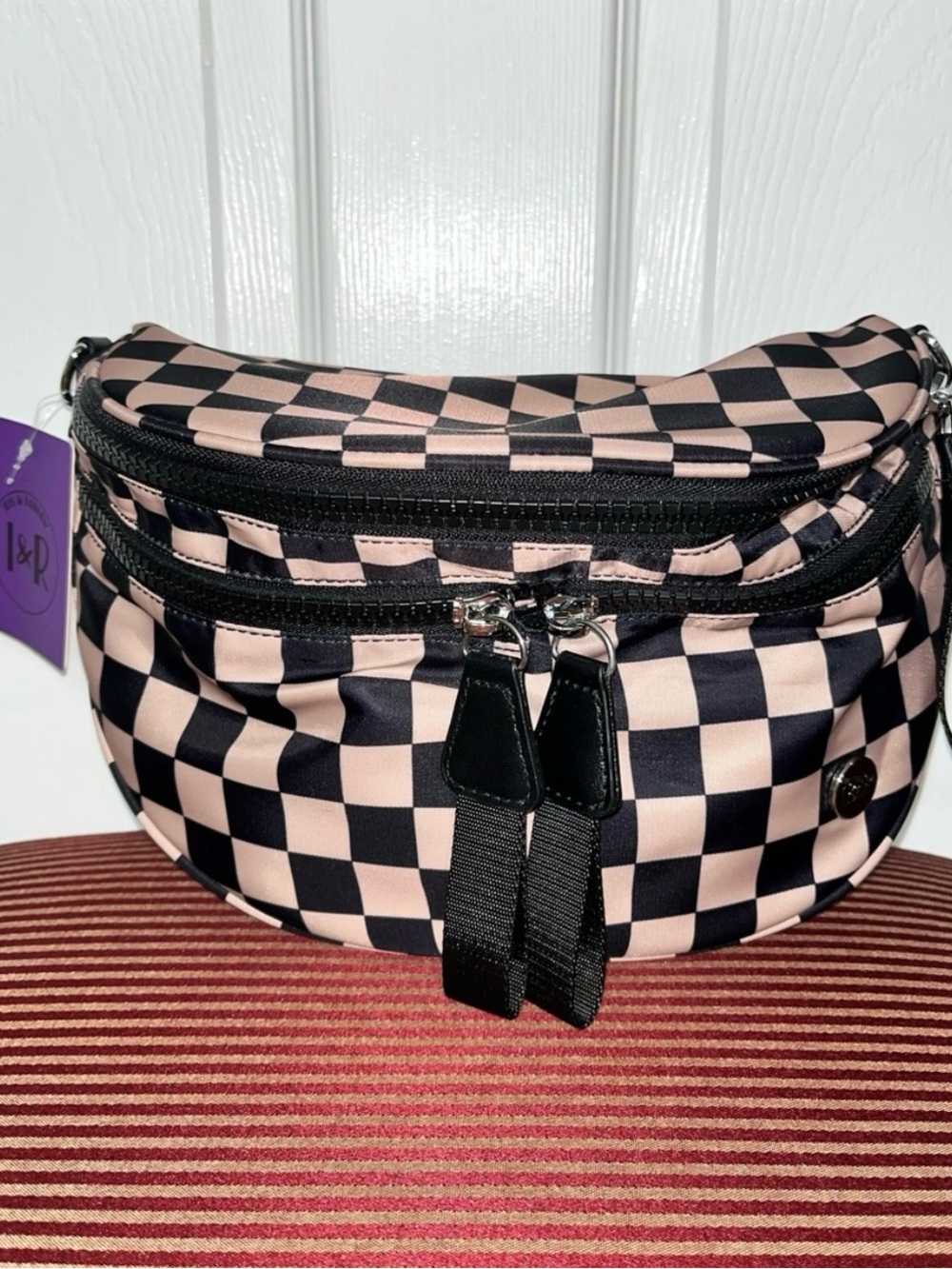 Iris & Rainbow Checker Print Pink & Black Crossbody Bag with Removable Strap